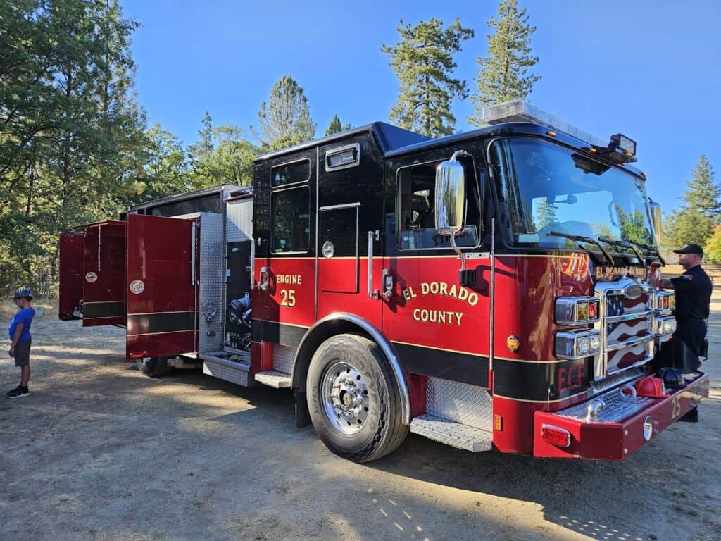 Fire truck at El Dorado Adventist School demonstrating fire safety education.