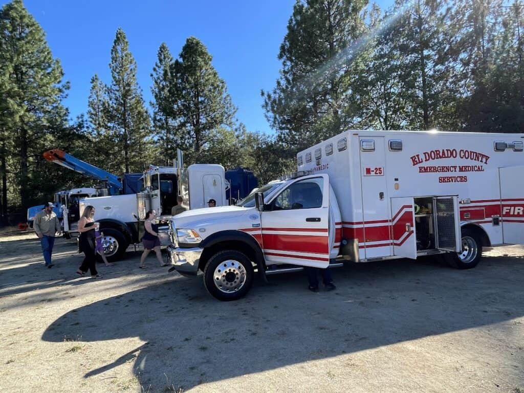 Emergency response vehicles at El Dorado Adventist School campus.