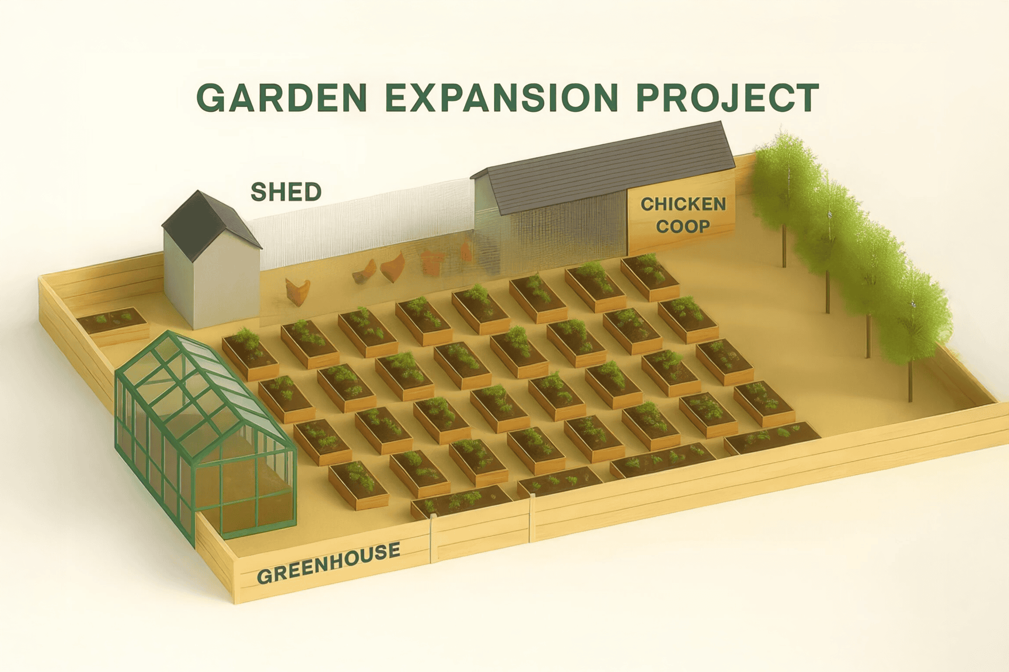 Garden expansion project features greenhouse, vegetable beds, chicken coop, trees, and shed for El Dorado Adventist School sustainability.