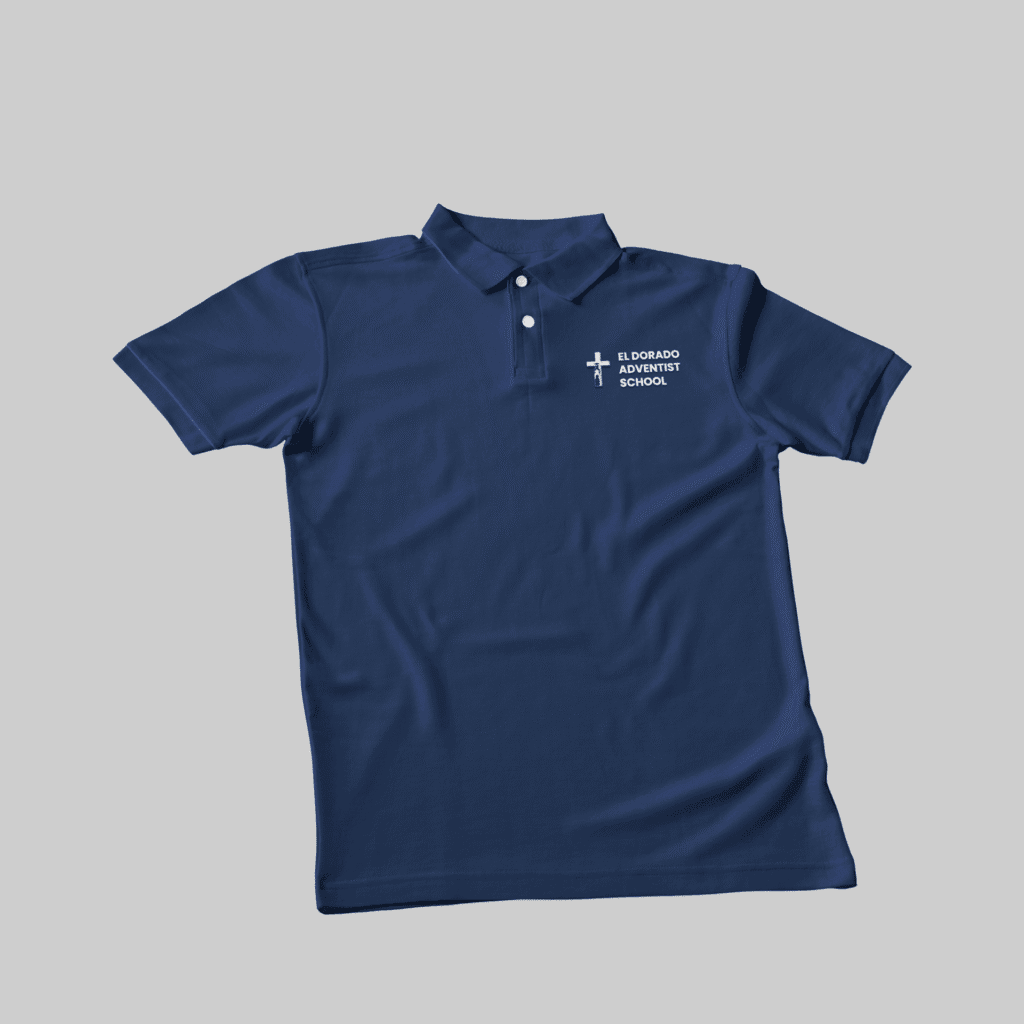 El Dorado Adventist School navy blue polo shirt with logo and name.