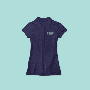 El Dorado Adventist School navy polo shirt with logo and school name for students and staff.
