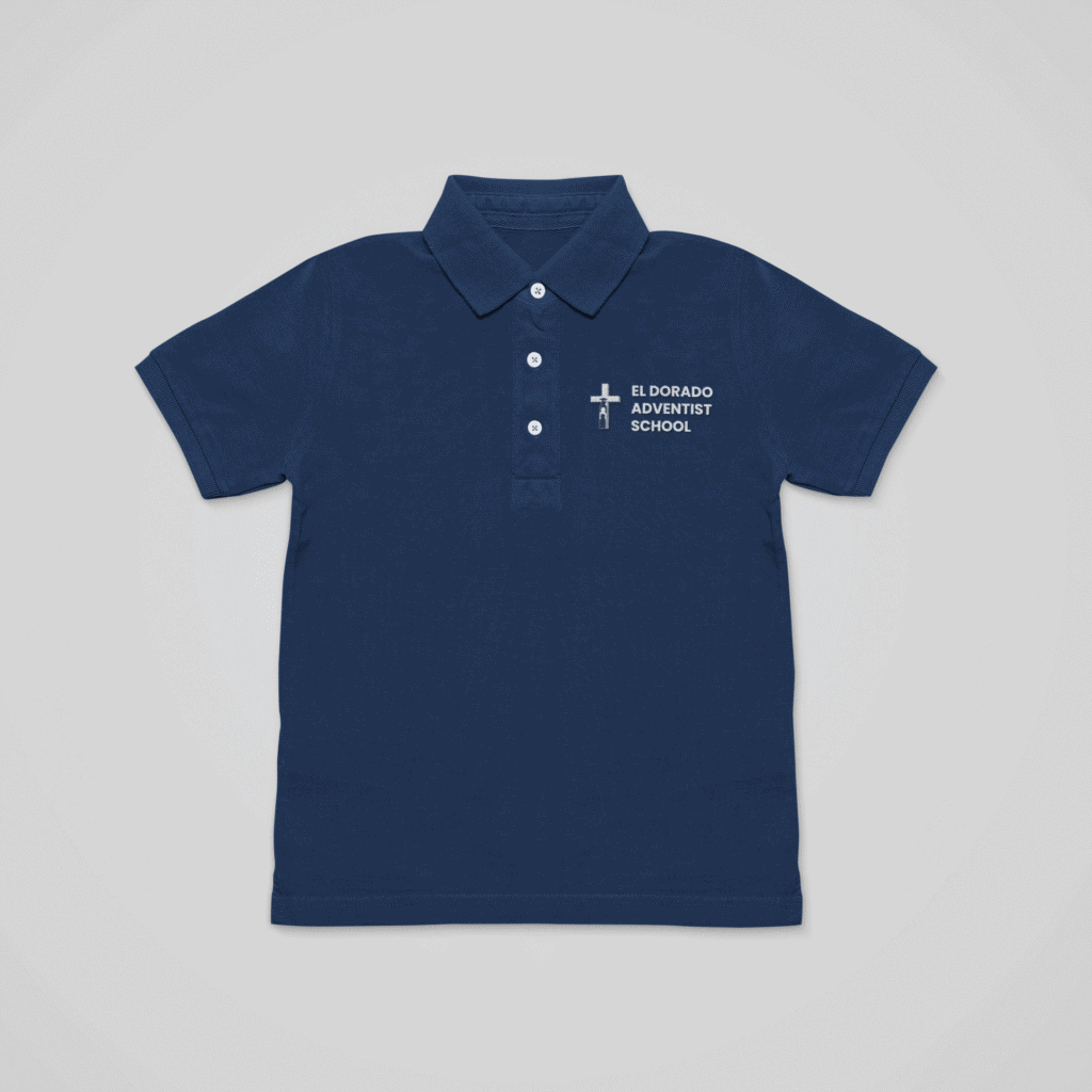 Embroidered navy blue El Dorado Adventist School polo shirt with logo.