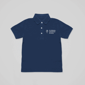 Embroidered navy blue El Dorado Adventist School polo shirt with logo.
